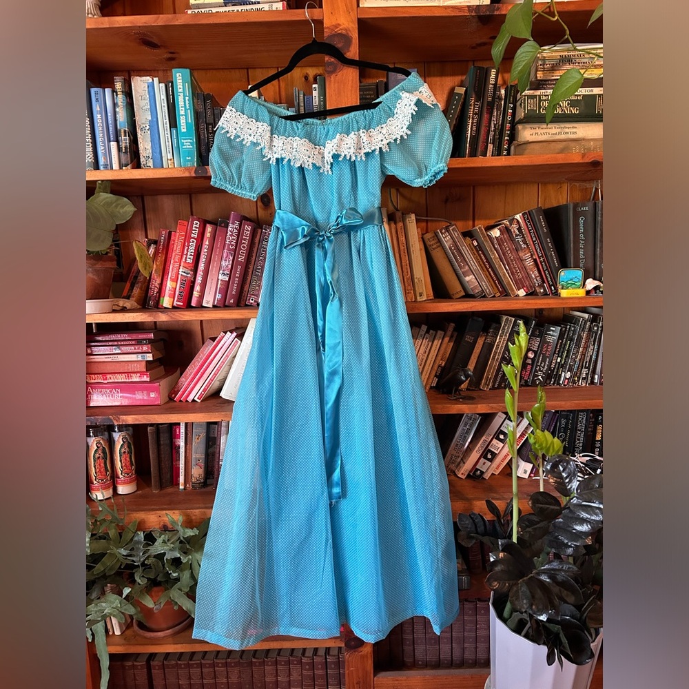 Handmade Vintage Prom Dress, 1950’s, Blue with Polka Dots and Front Bow